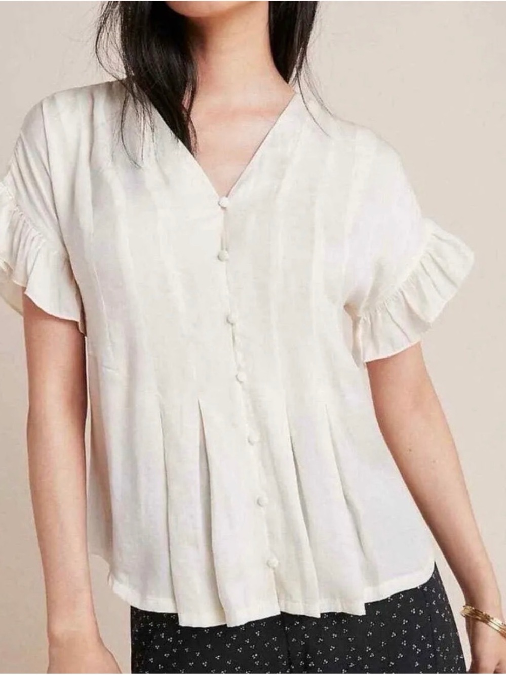 dolan Cream V-Neck Button-Front Ruffle Sleeve Blouse
